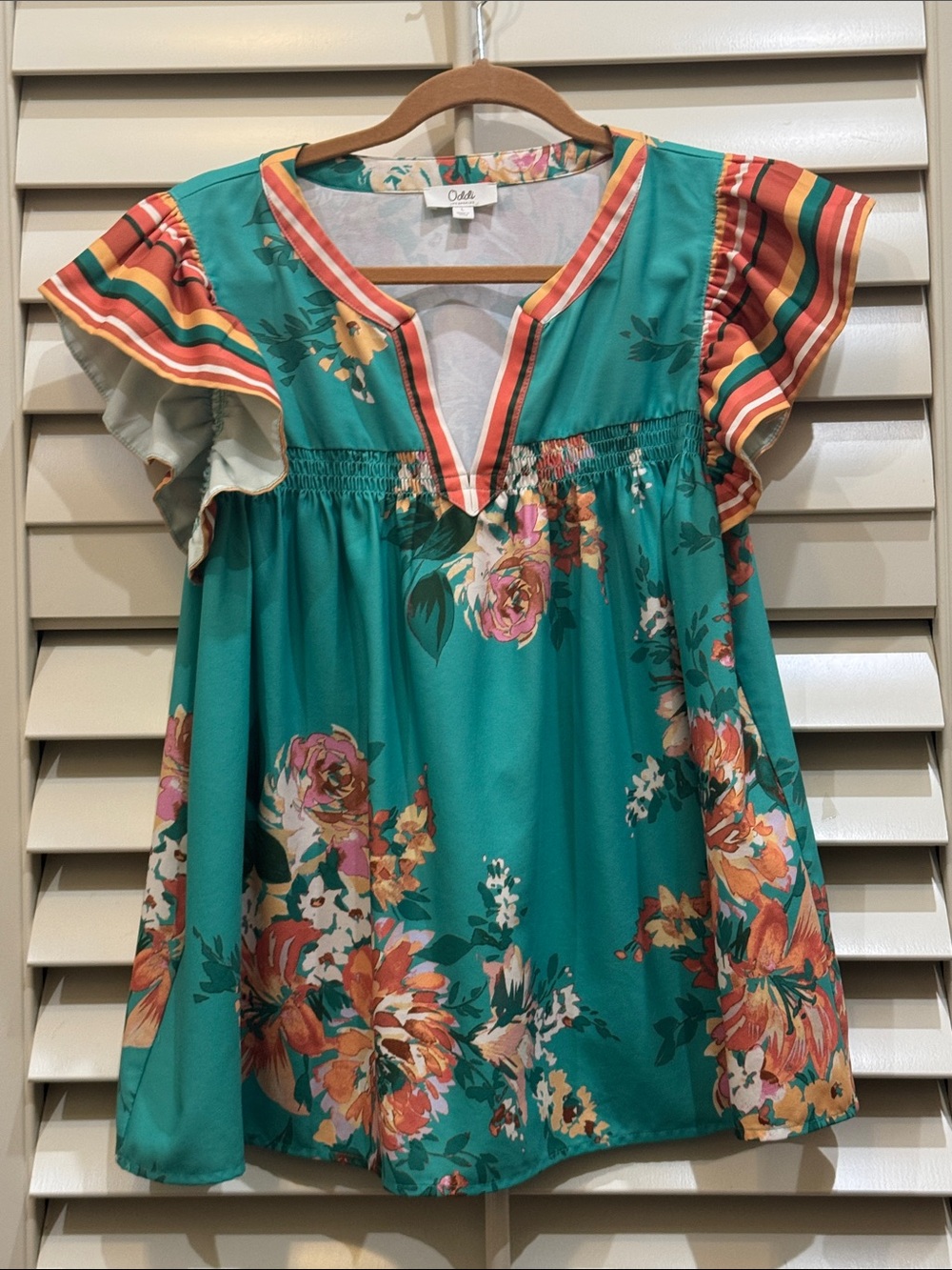 Olli Teal Floral Flutter Sleeve Blouse